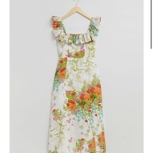 & Other Stories - Ruffle Neck Midi Floral Linen Dress